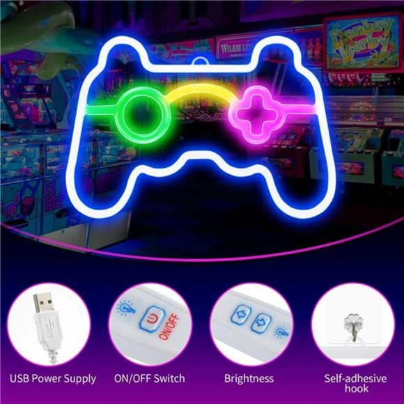 Neon Sign Gamepad Shape LED Wall Decor, Dimmable Game Shaped all Decoration - Picture 2 of 7